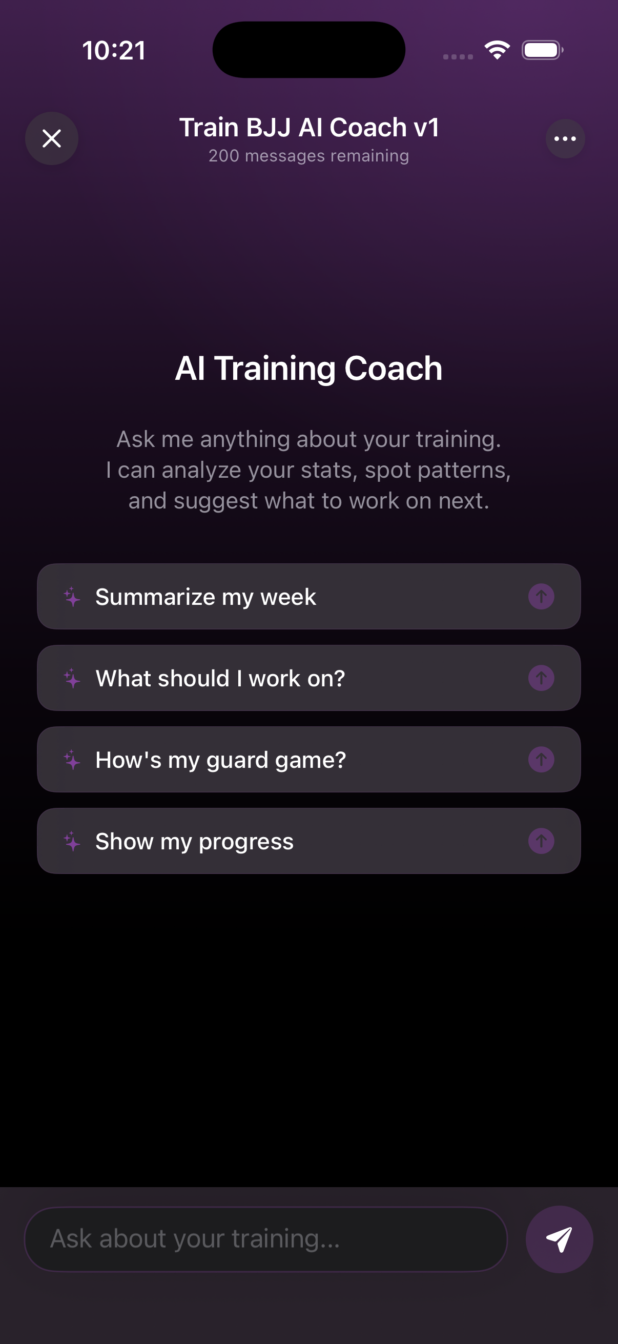 AI Coach intro with suggested prompts