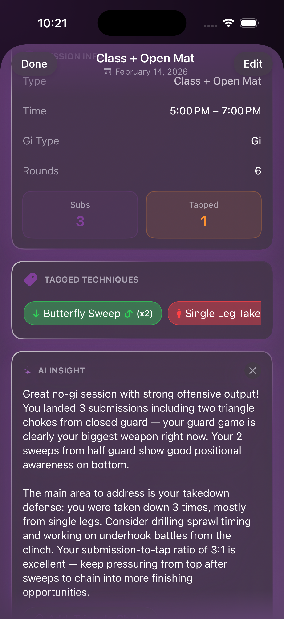 Post-session AI analysis with insights and action buttons