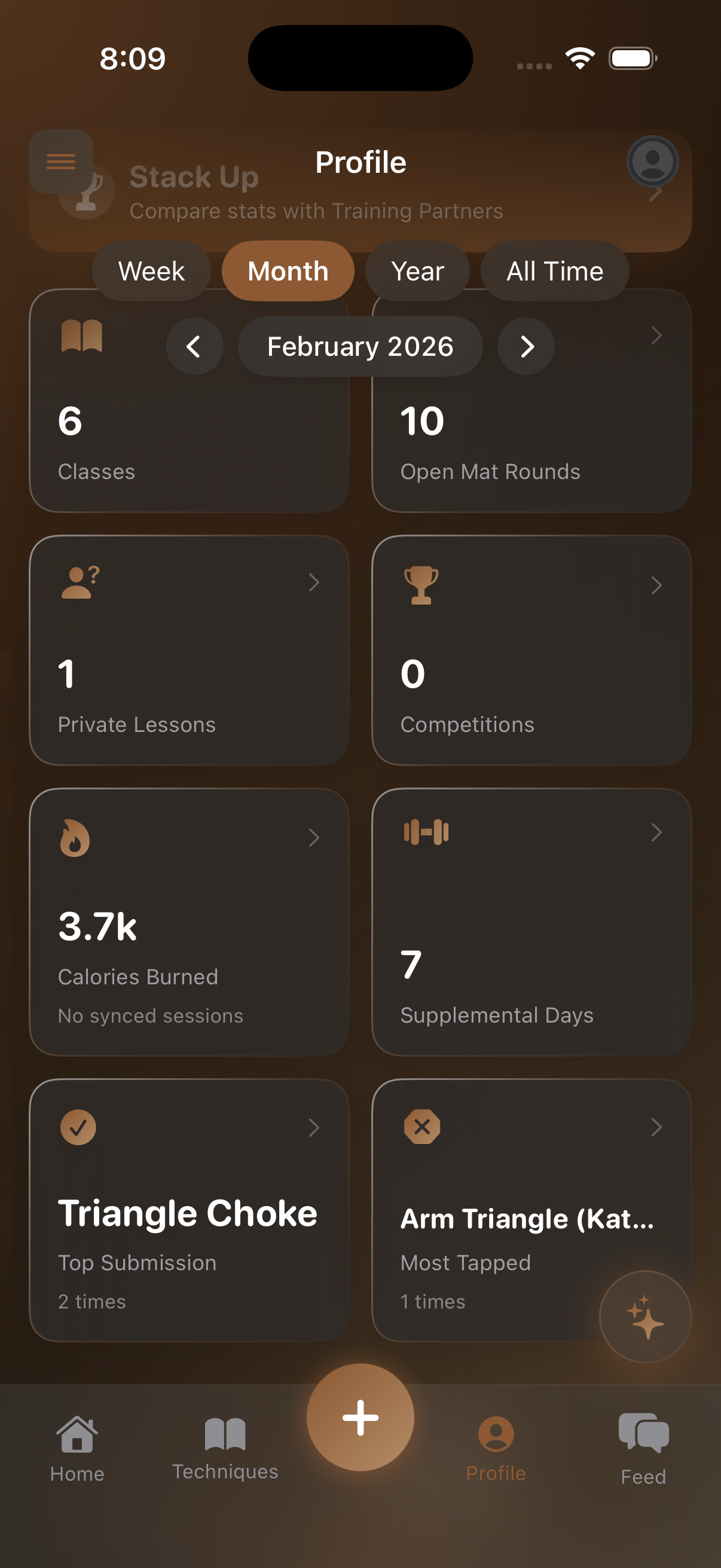 Full profile dashboard with session counts, calories, and top techniques