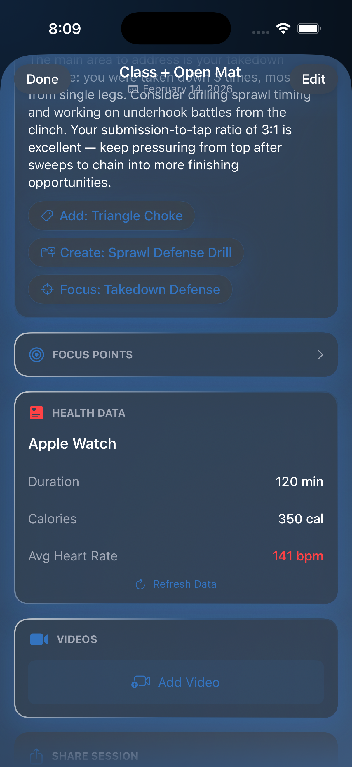 Session detail showing health data card with heart rate, calories, and duration from Apple Watch