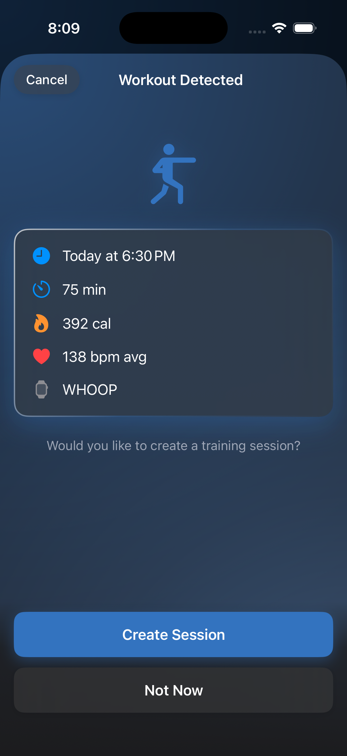 Workout Detected sheet showing WHOOP workout with calories and heart rate
