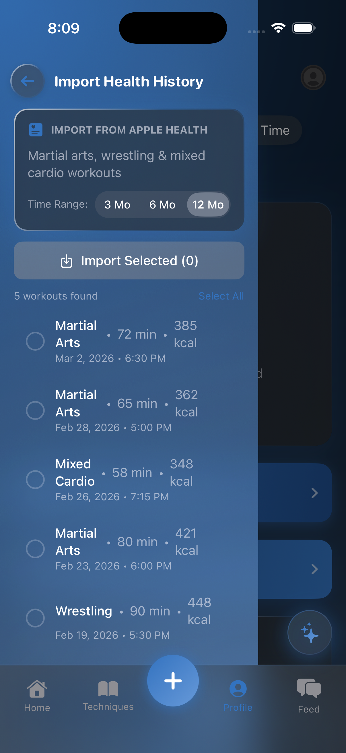 Import Health History screen showing past workouts from Apple Health