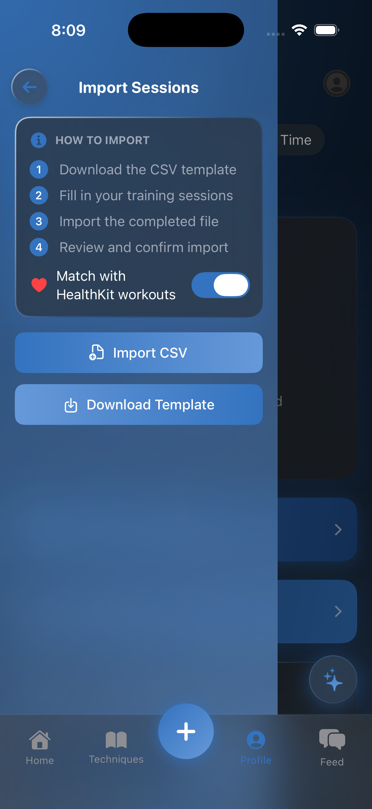CSV import screen with Match with HealthKit workouts toggle enabled