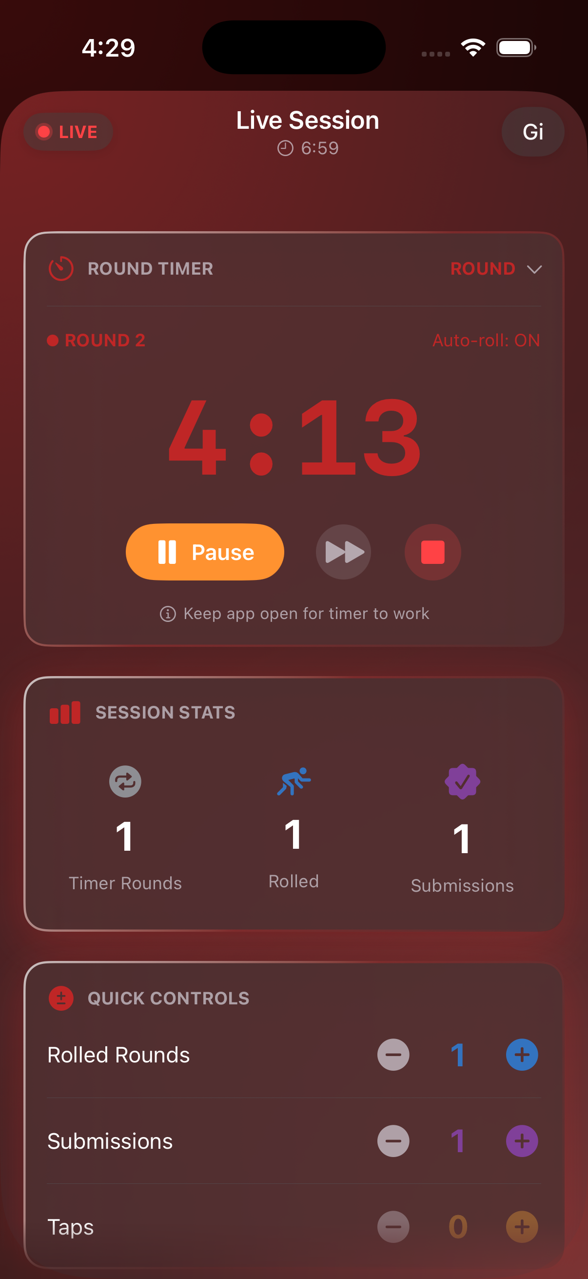 Live session with round timer and session stats