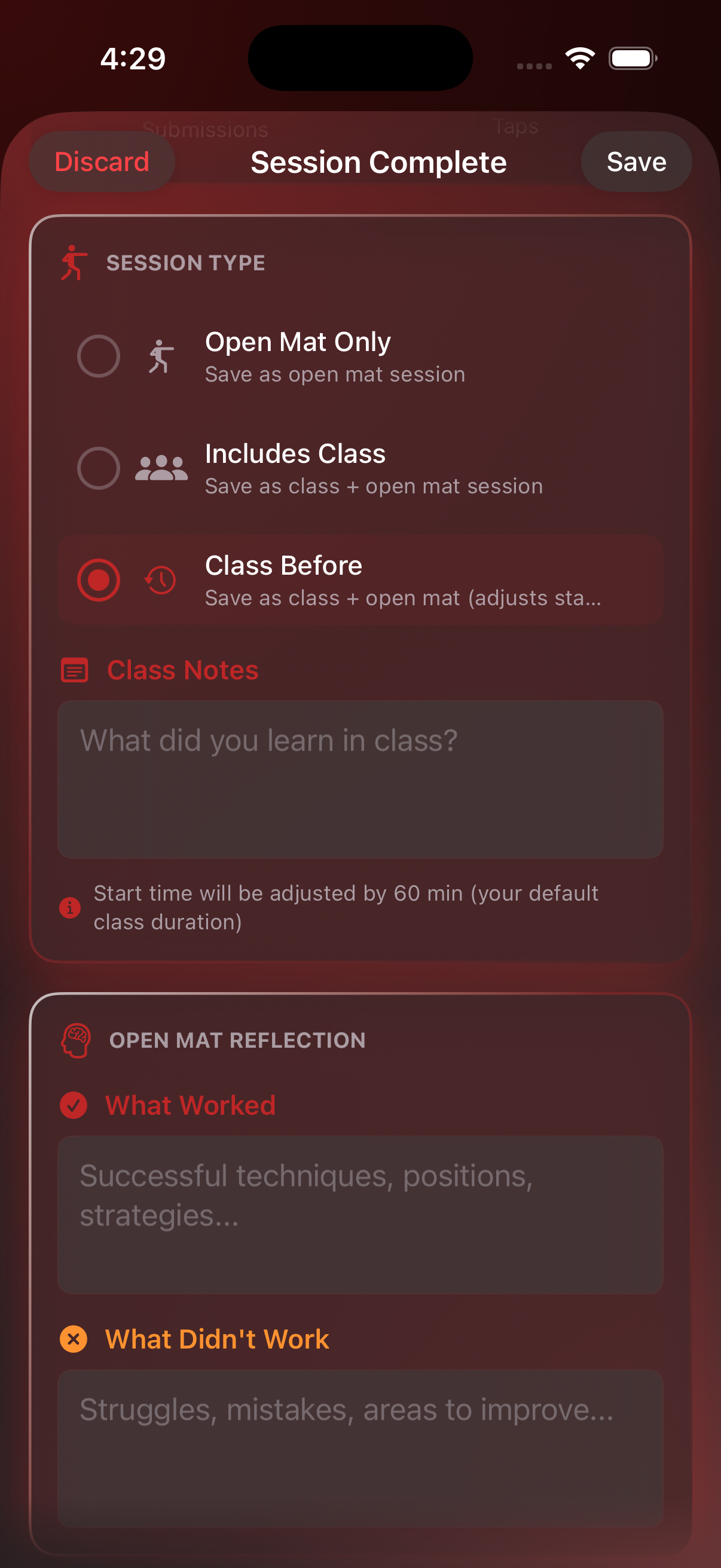 Session complete with save options and reflection