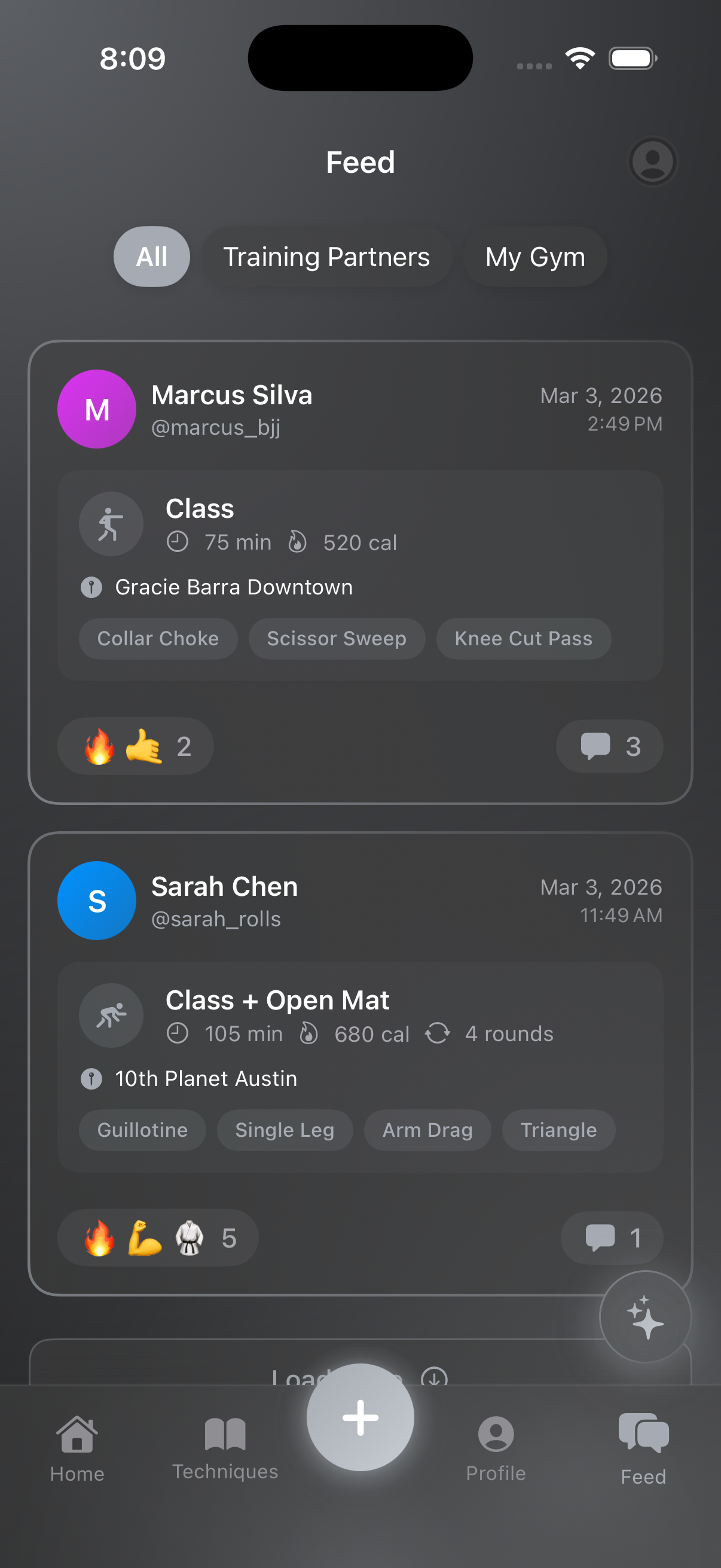 Social feed with All, Training Partners, and My Gym tabs