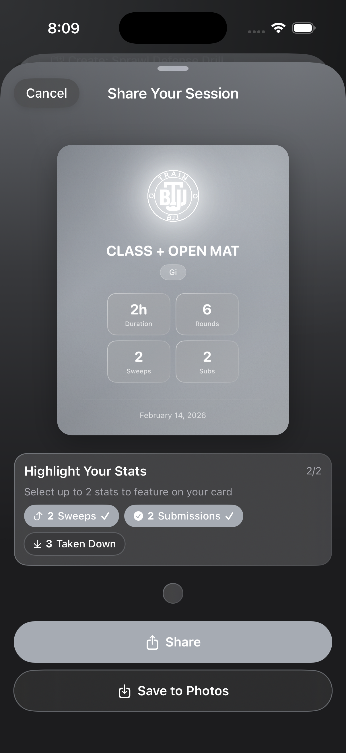 Shareable session card with customizable stat selection