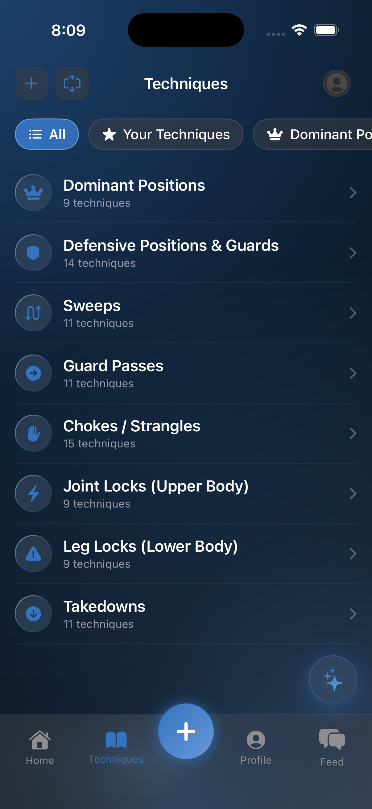 Technique library with categories like Sweeps, Guard Passes, Chokes