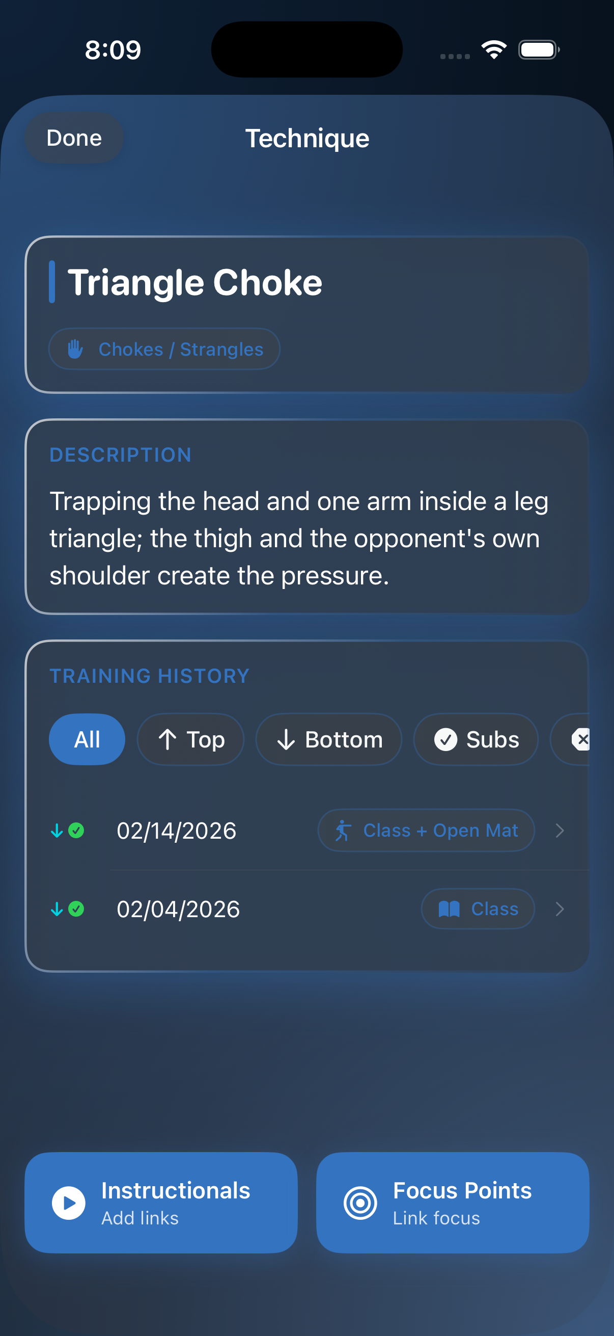 Technique detail with training history and position filters