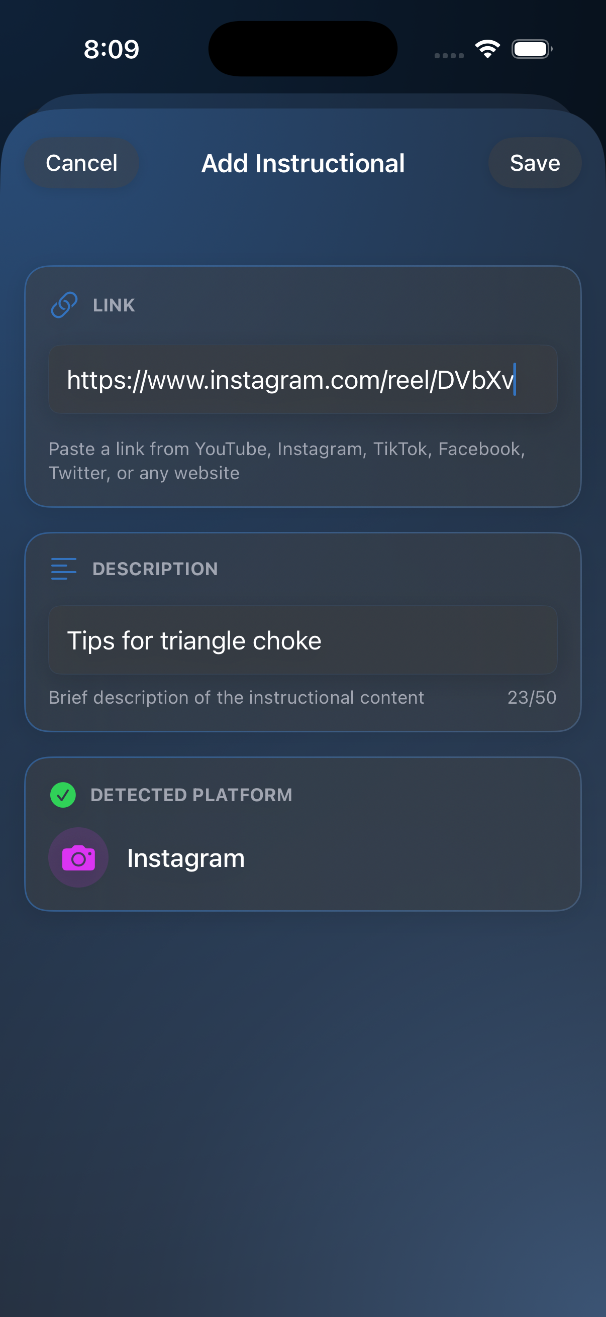 Add instructional link with auto-detected Instagram platform