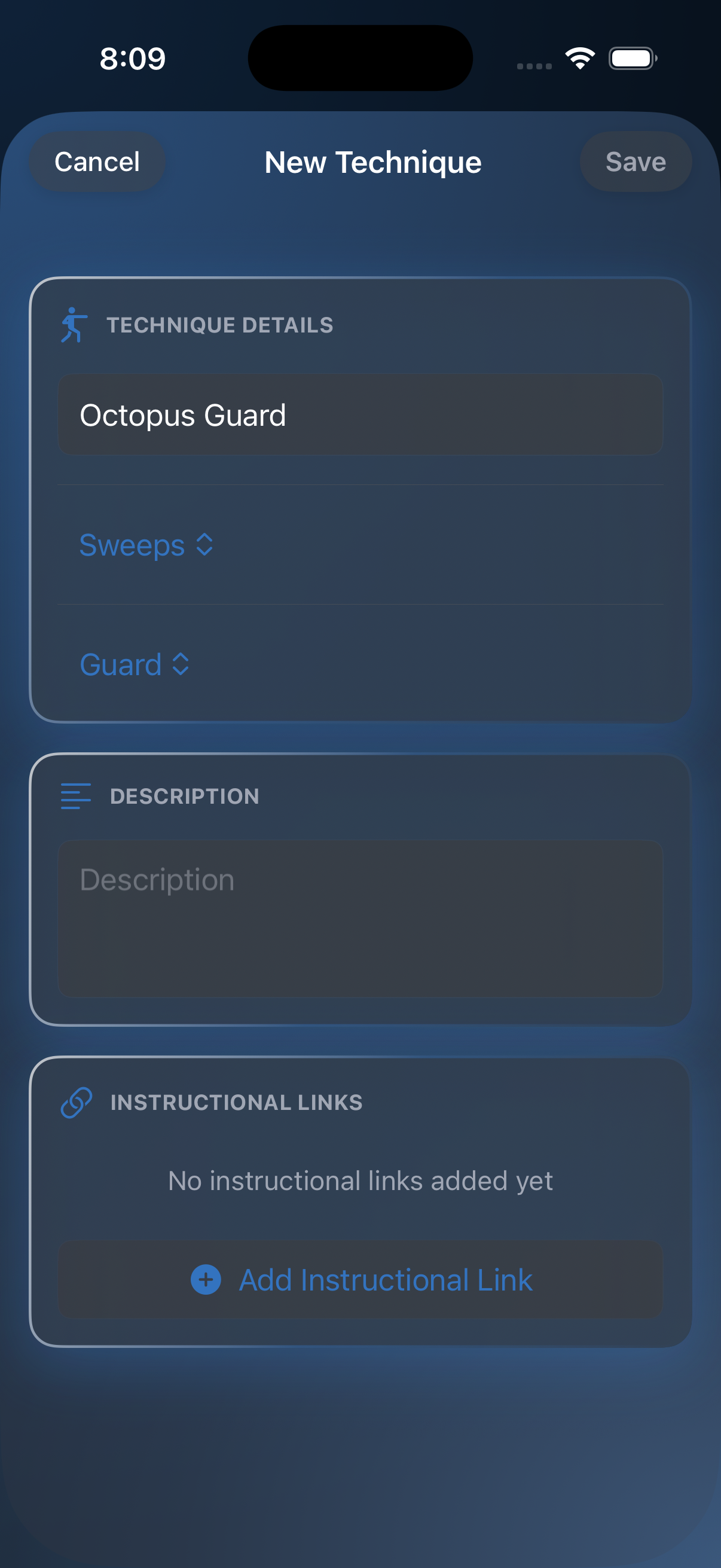 Create a custom technique with name, category, and position
